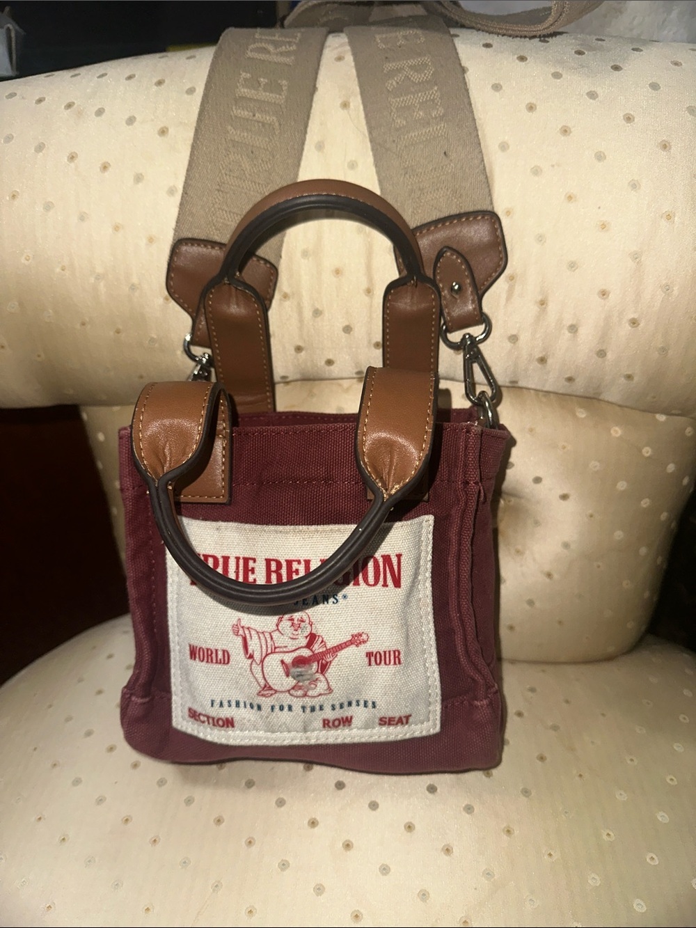 True Religion unisex Burgundy Canvas Messenger Bag with Beige Strap